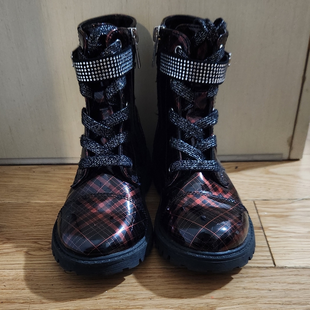 Jessica Simpson Lace Up Boots Zipper Plaid Bedazzle Size 12 Combat Boot